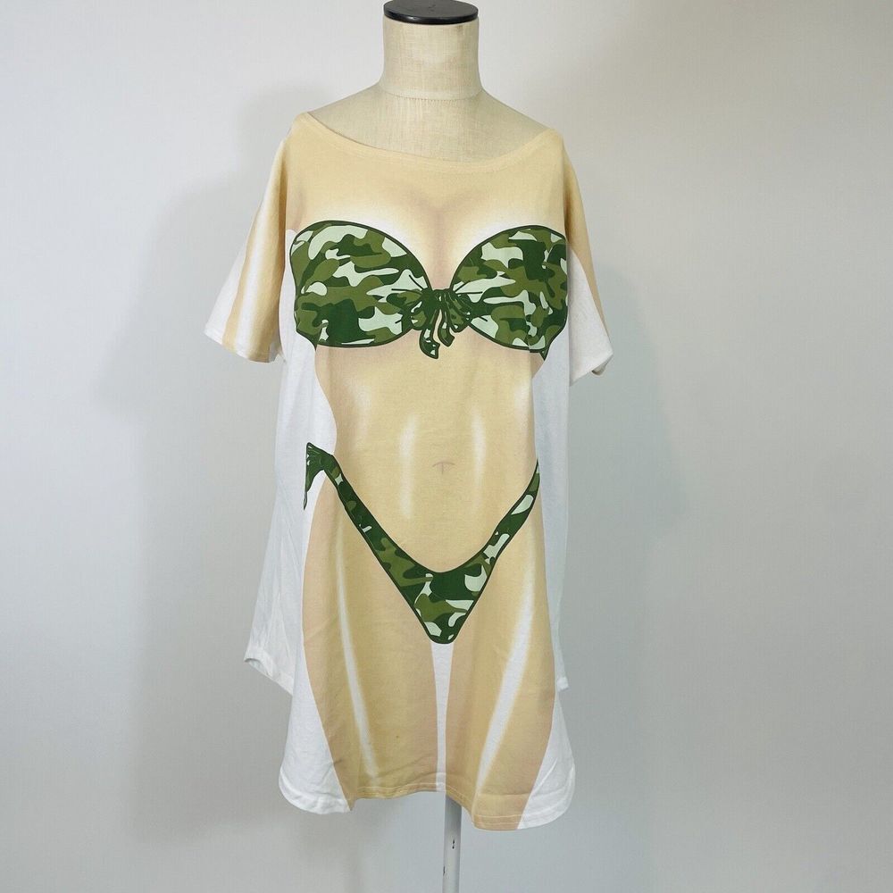 Vintage LA Prints My Bikini Camo T-Shirt One Size Womens Cover Up Double Sided